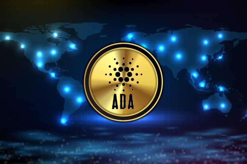 Picture of an ADA coin with light points at different locations on a world map behind it