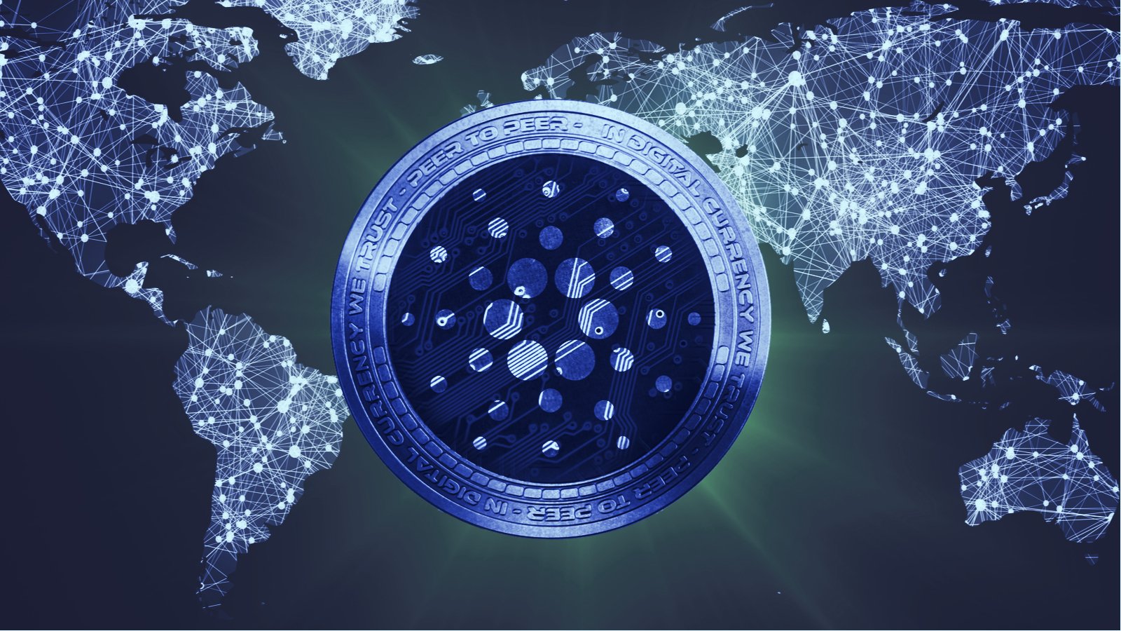 Picture of a Cardano coin in front of a map of the world, with interconnected lines all through different countries