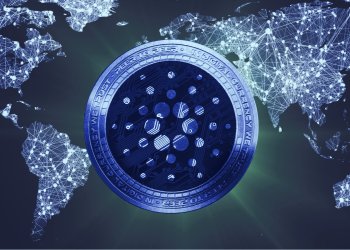 Picture of a Cardano coin in front of a map of the world, with interconnected lines all through different countries
