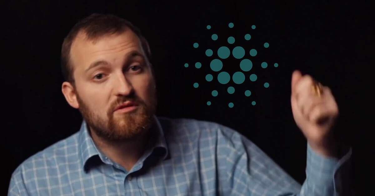 Picture of Cardano co-founder Charles Hoskinson with a Cardano logo behind him on a black background