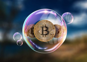 Picture of three bitcoins inside a bubble