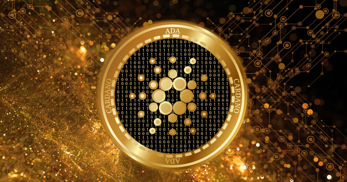 Picture of a gold and black Cardano coin with gold sparks behind it