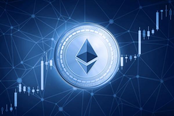 picture of an Ethereum coin with a candlestick chart going through it