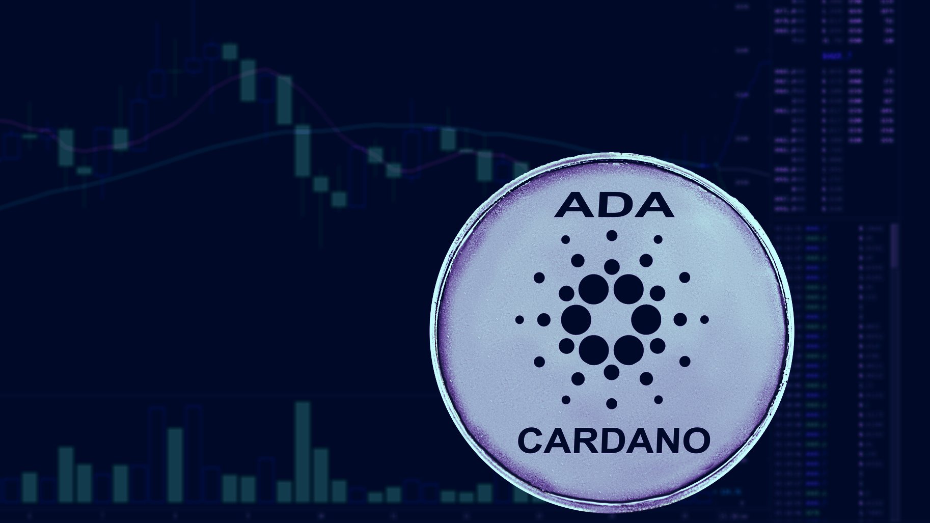 Picture of a Cardano coin in front of a candlestick chart