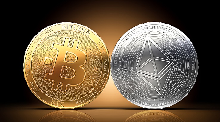 Picture of a gold bitcoin next to a silver Ethereum coin