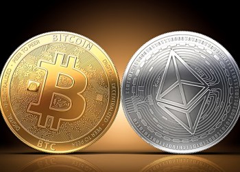 Picture of a gold bitcoin next to a silver Ethereum coin