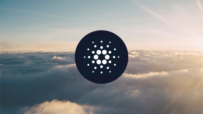 Picture of a Cardano coin above the clouds