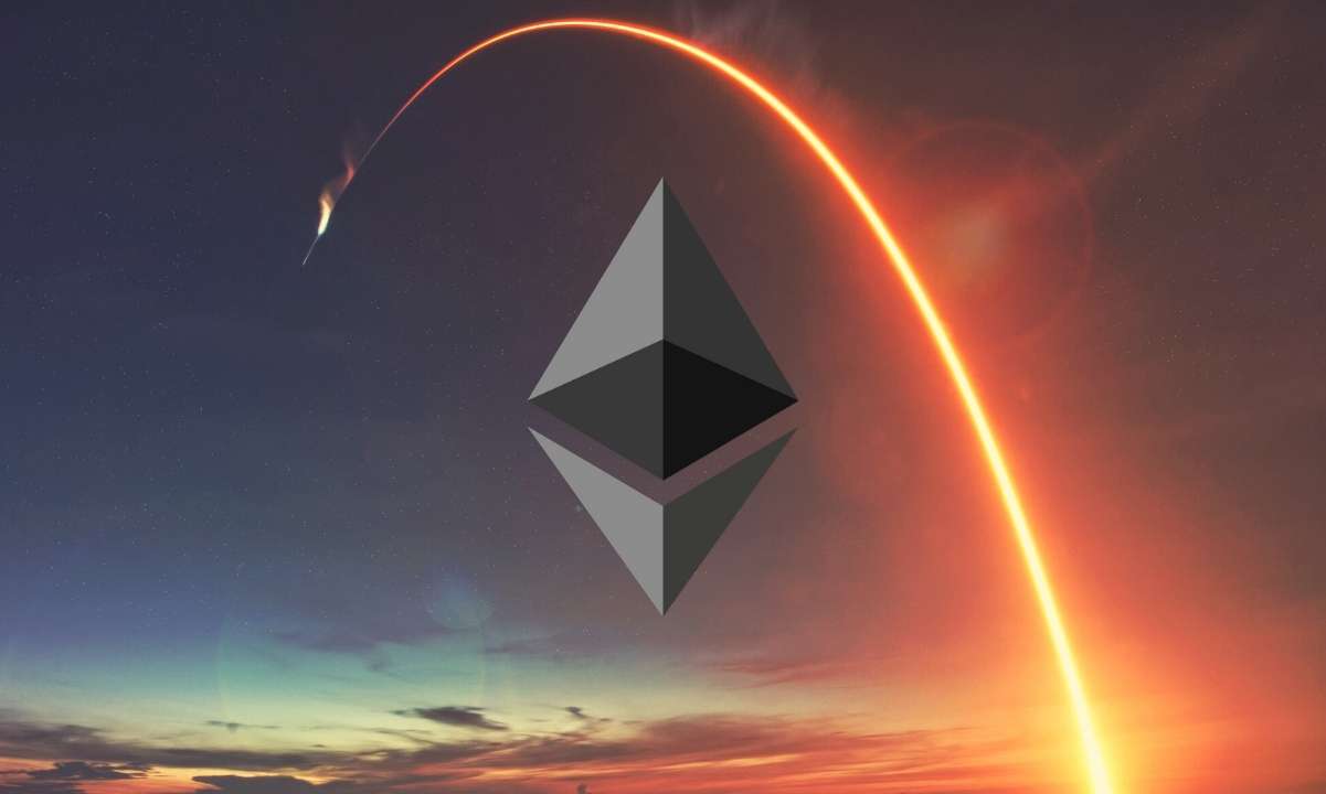 Picture of a rocket flying over an Ethereum logo