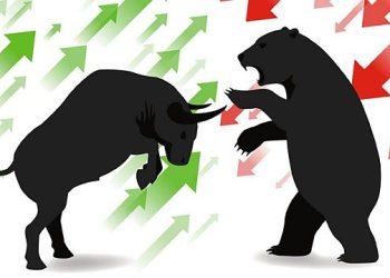 Picture of a bull with green arrows behind it fending off a bear with red arrows behind it