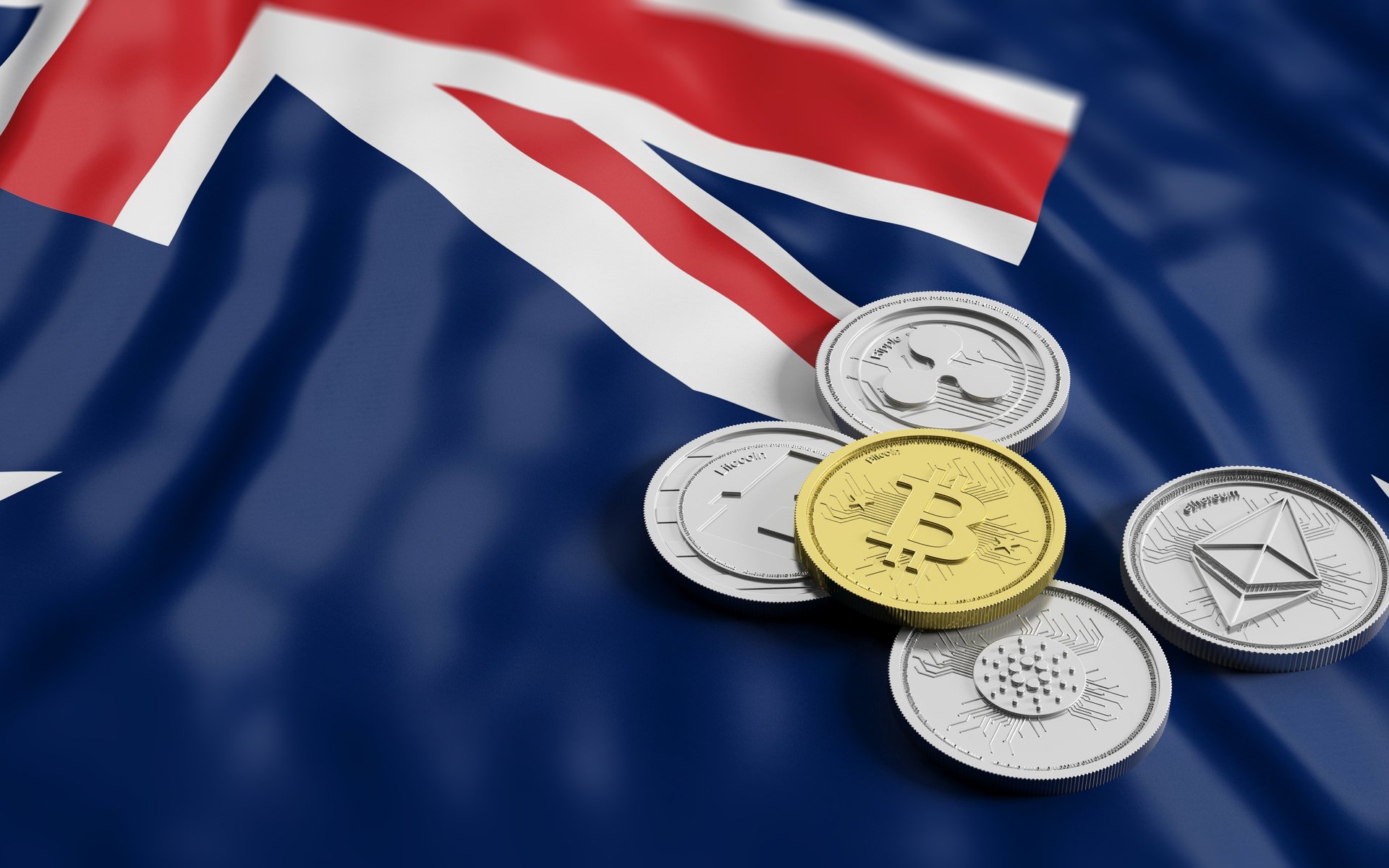 Picture of different crypto coins on top of an Australian flag