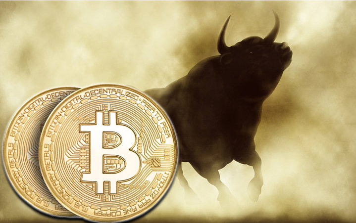 Picture of a shadowy bull emerging from smoke with two gold bitcoins in front of it