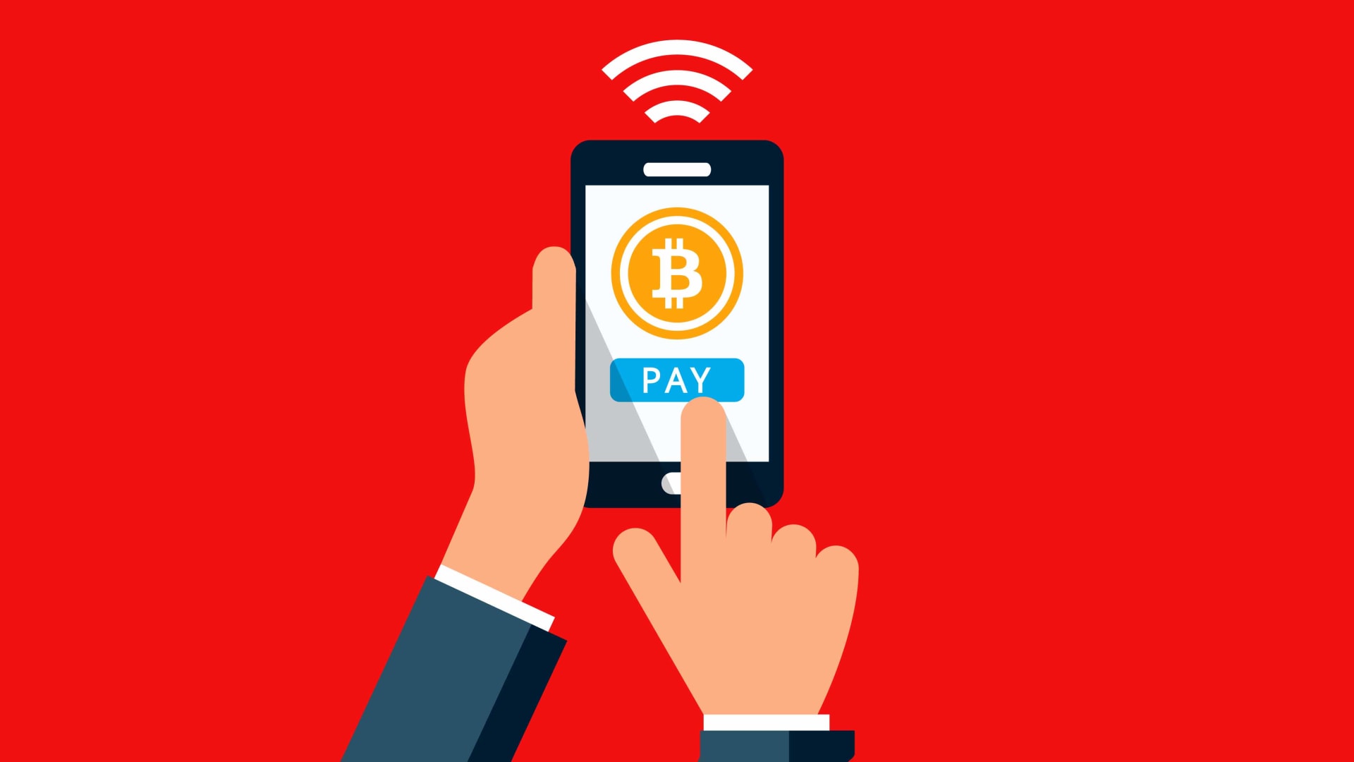Picture of an animated hand clicking pay with bitcoin on a cellphone