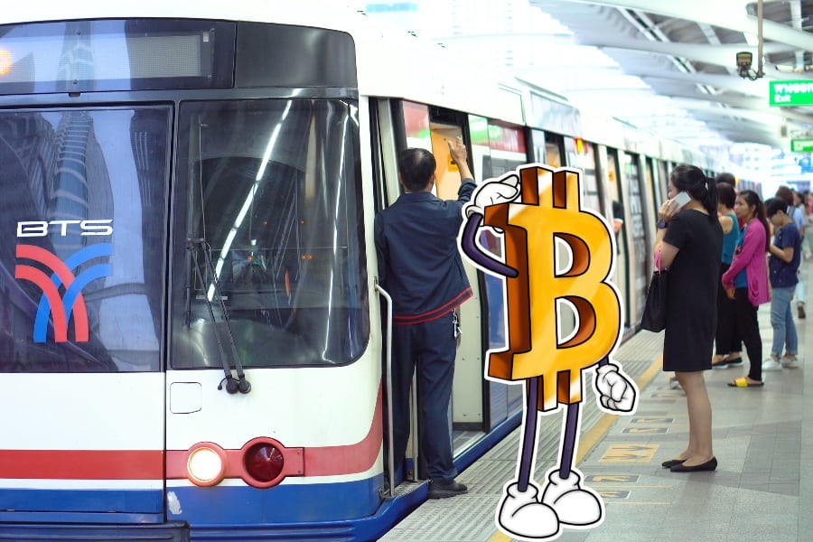 Picture of a bitcoin saluting with people getting on a train behind it