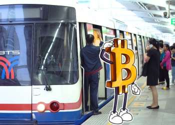 Picture of a bitcoin saluting with people getting on a train behind it