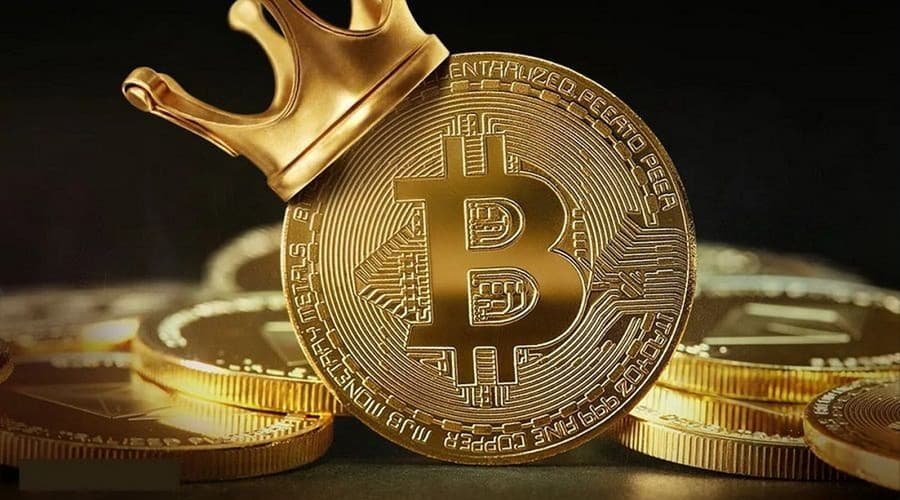 Picture of a gold bitcoin with a gold crown on it