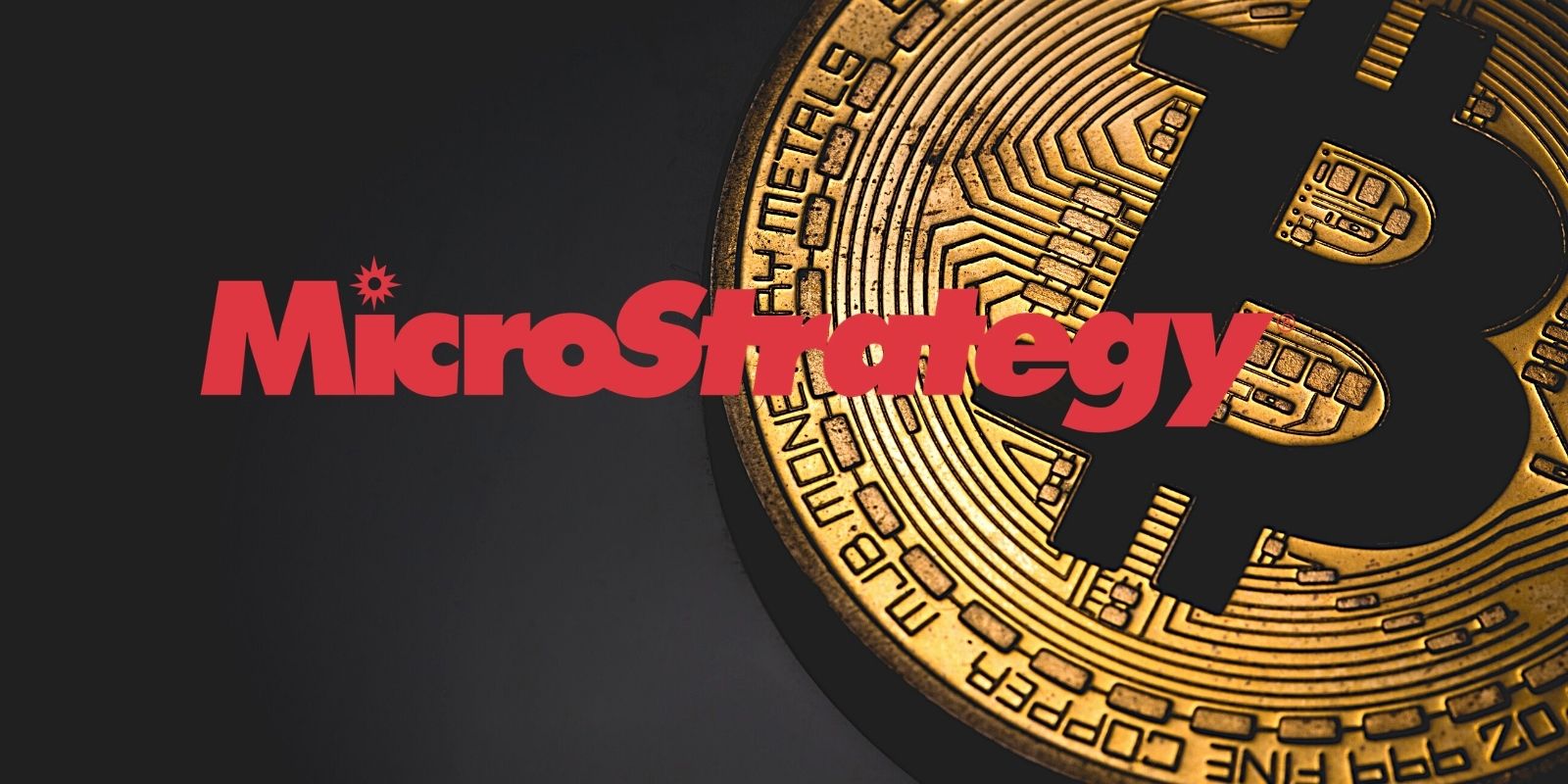 Picture of MicroStrategy written in red with a bitcoin in the background