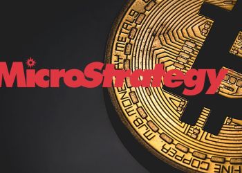 Picture of MicroStrategy written in red with a bitcoin in the background