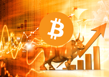 Picture of a bitcoin logo with a gold bull behind it and an upward pointing arrow
