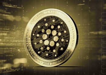 Picture of a gold and black Cardano coin