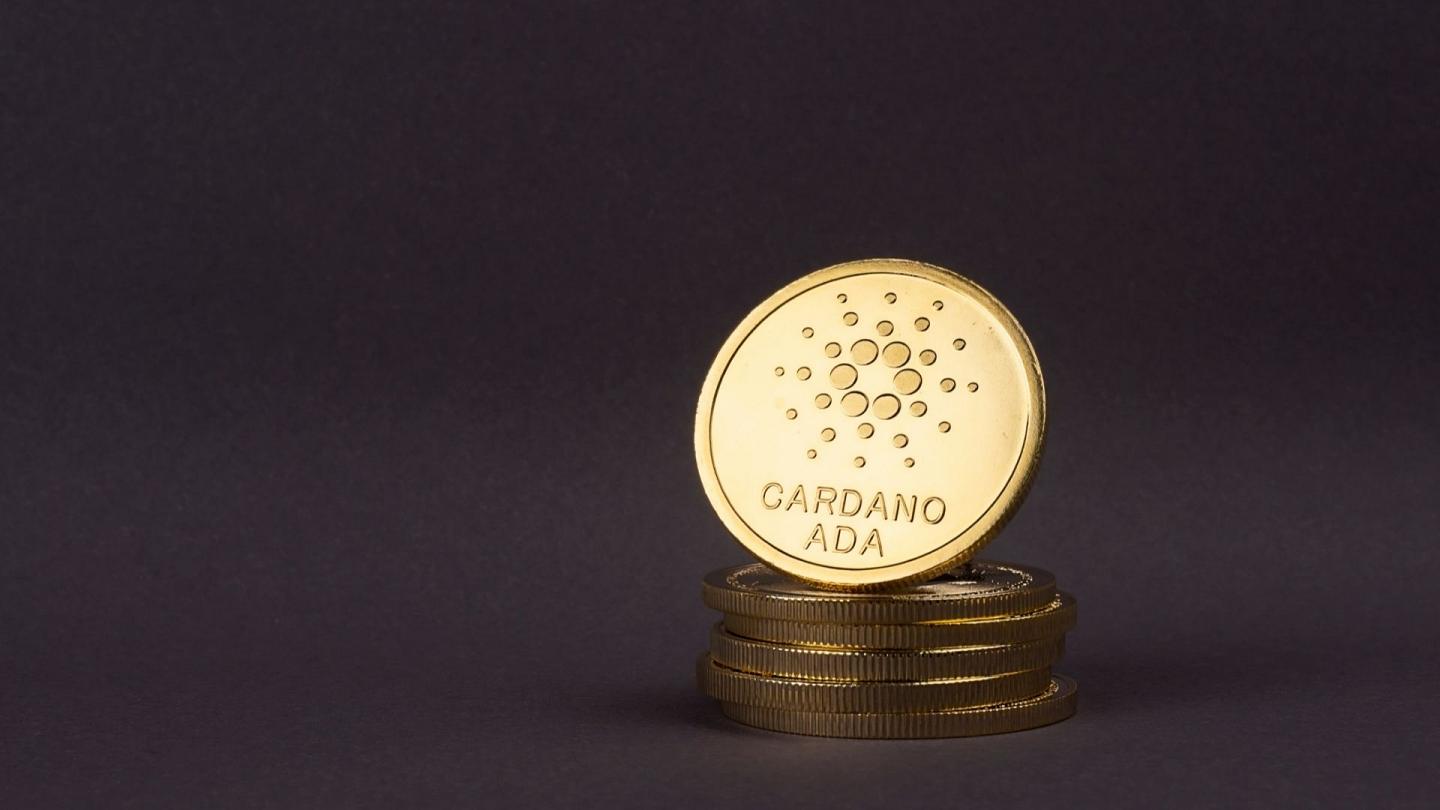 Picture of a old Cardano coin standing on a stack of coins