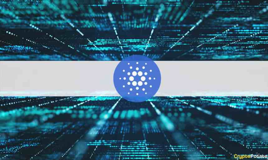 Picture of a Cardano logo in between two computer screens