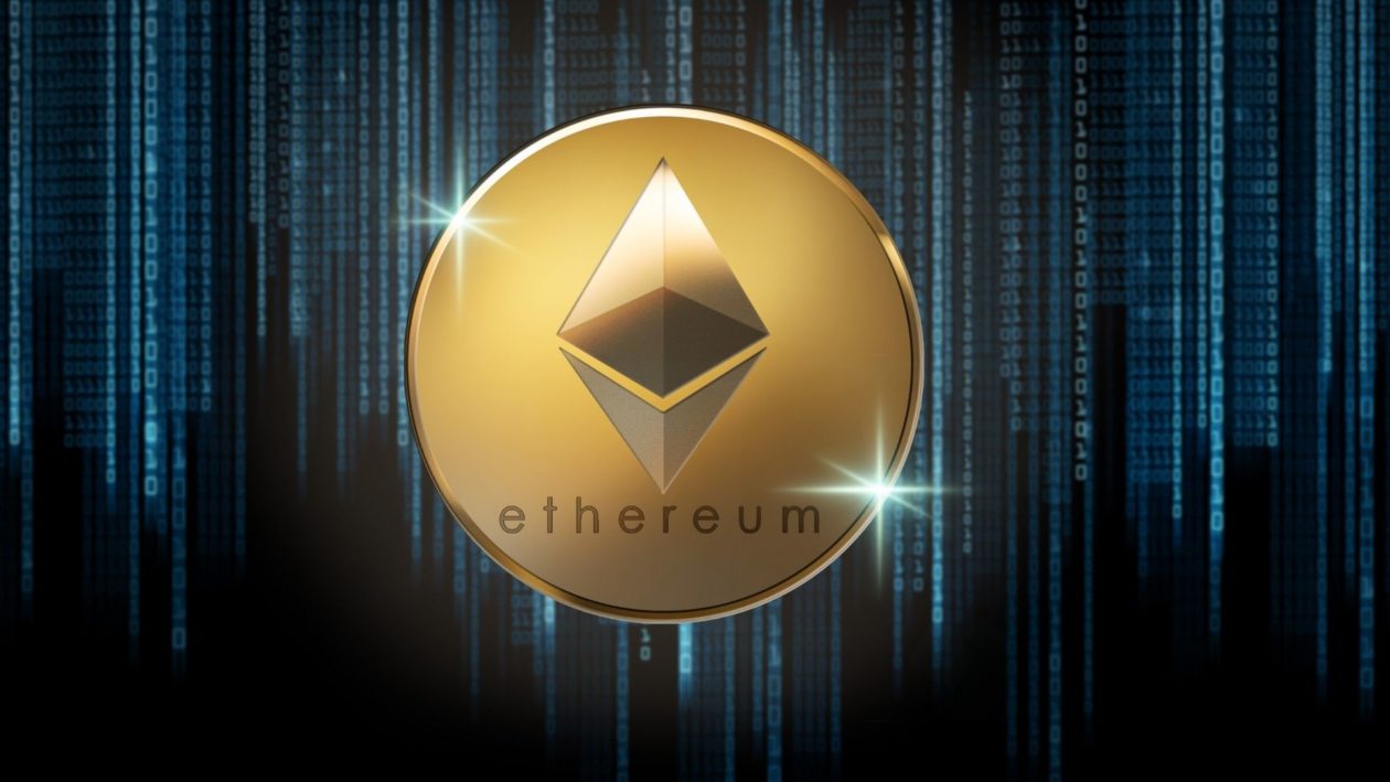 Picture of a gold Ethereum coin with computer code raining down behind it