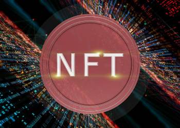 Picture of a red circle with NFT written on it surrounded by walls of jpeg NFTs on both sides