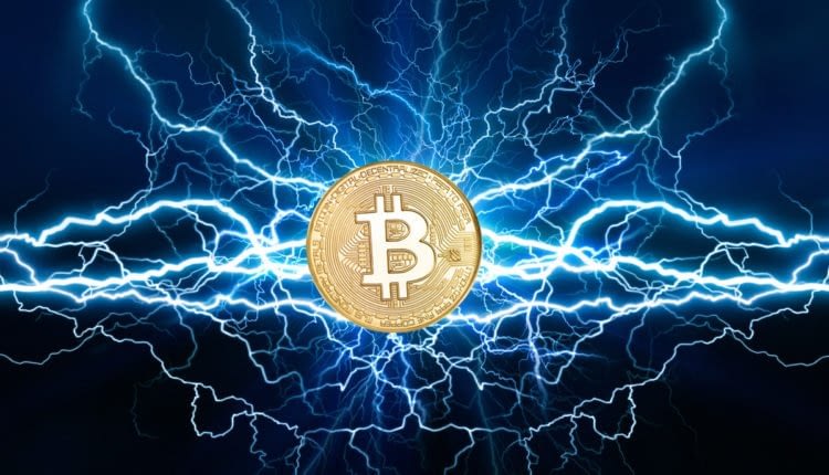 Picture of a bitcoin in the middle of a lightning storm