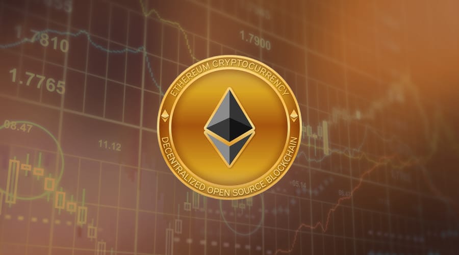 Picture of an Ethereum coin in front of a market chart
