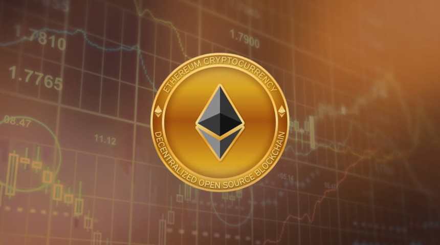 Picture of an Ethereum coin in front of a market chart