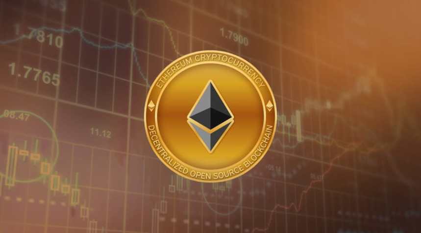 Picture of an Ethereum coin in front of a market chart