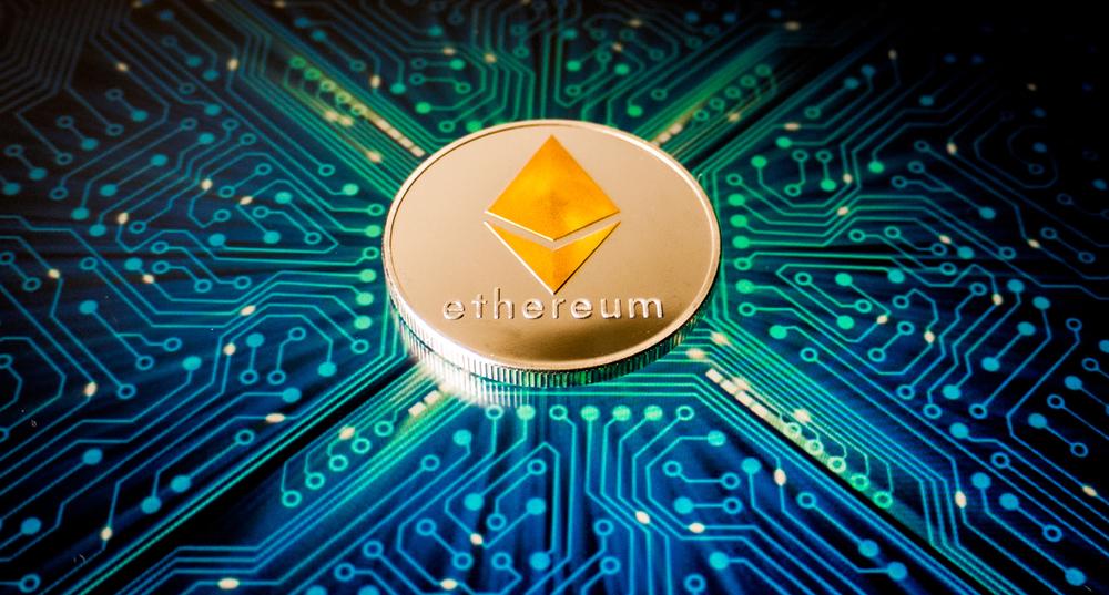 Picture of an Ethereum coin on a circuit board