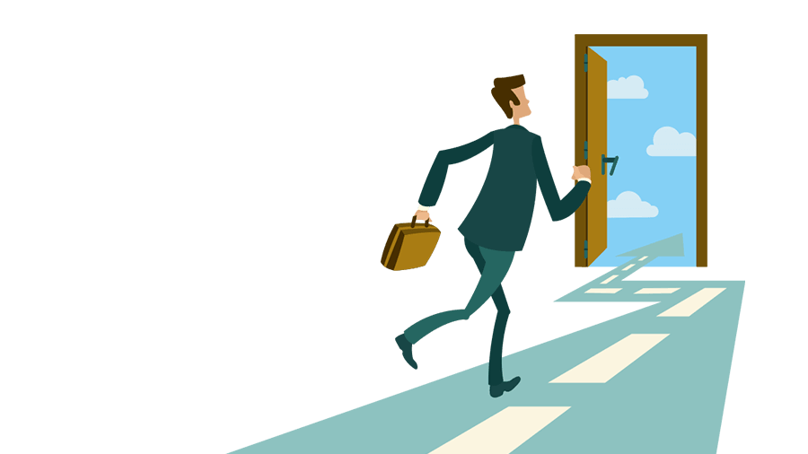 Picture of an animated man holding a briefcase running out a door