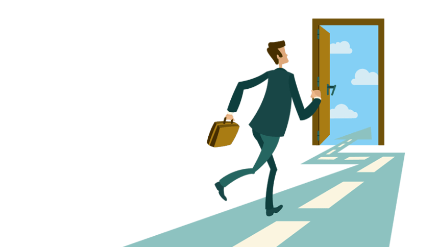Picture of an animated man holding a briefcase running out a door