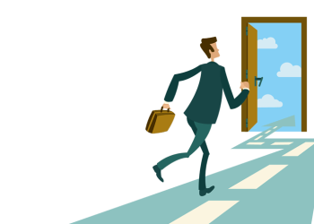 Picture of an animated man holding a briefcase running out a door