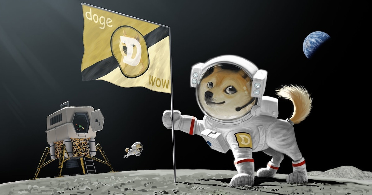 Picture of a Shiba Inu dog holding a Dogecoin flag in space