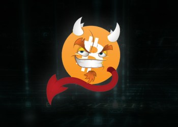 Picture of Bitcoin superimposed on a devil smiley