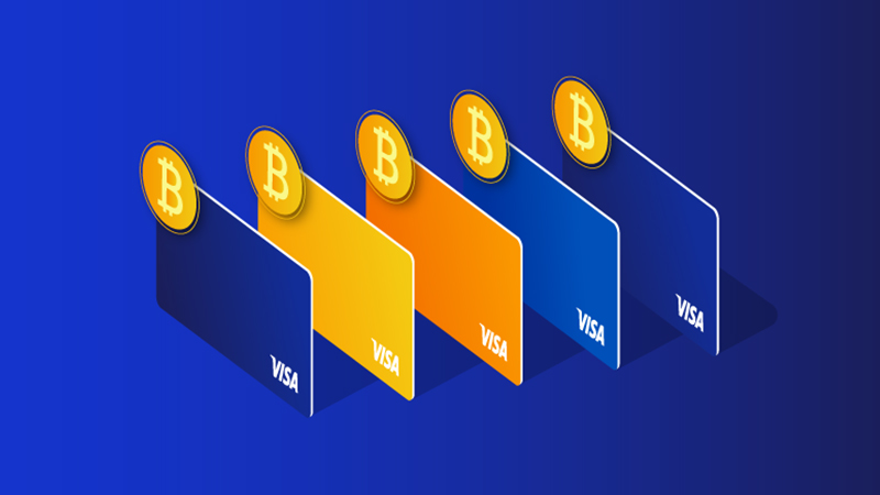 Visa and crypto, a bunch of cards with Bitcoin logos