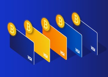 Visa and crypto, a bunch of cards with Bitcoin logos