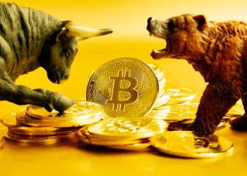 Bull and bear fighting over bitcoins