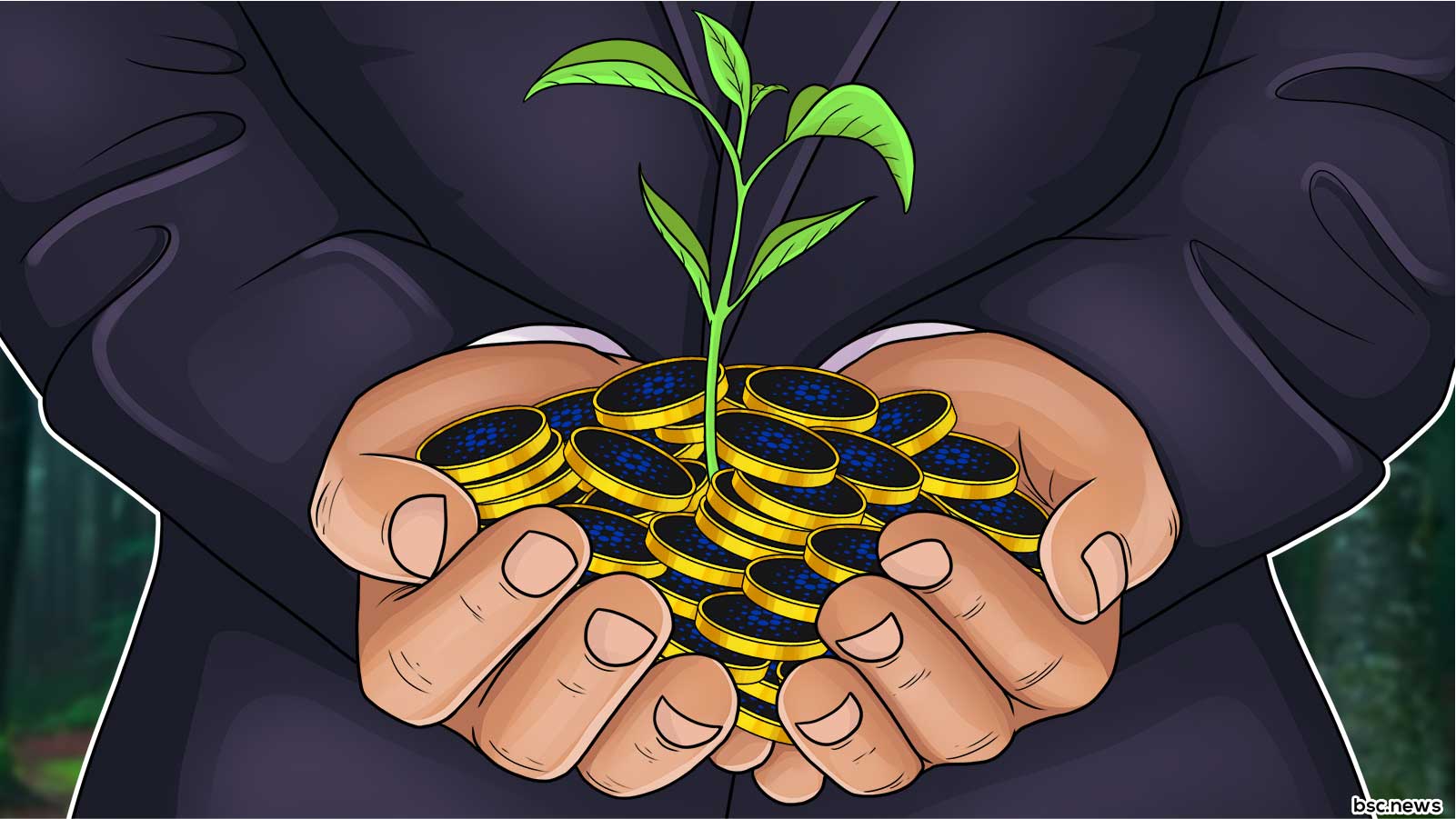 A hand holding a plant growing out from a bunch of Cardano coins