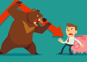 Bear with red arrow threatening man with piggybank