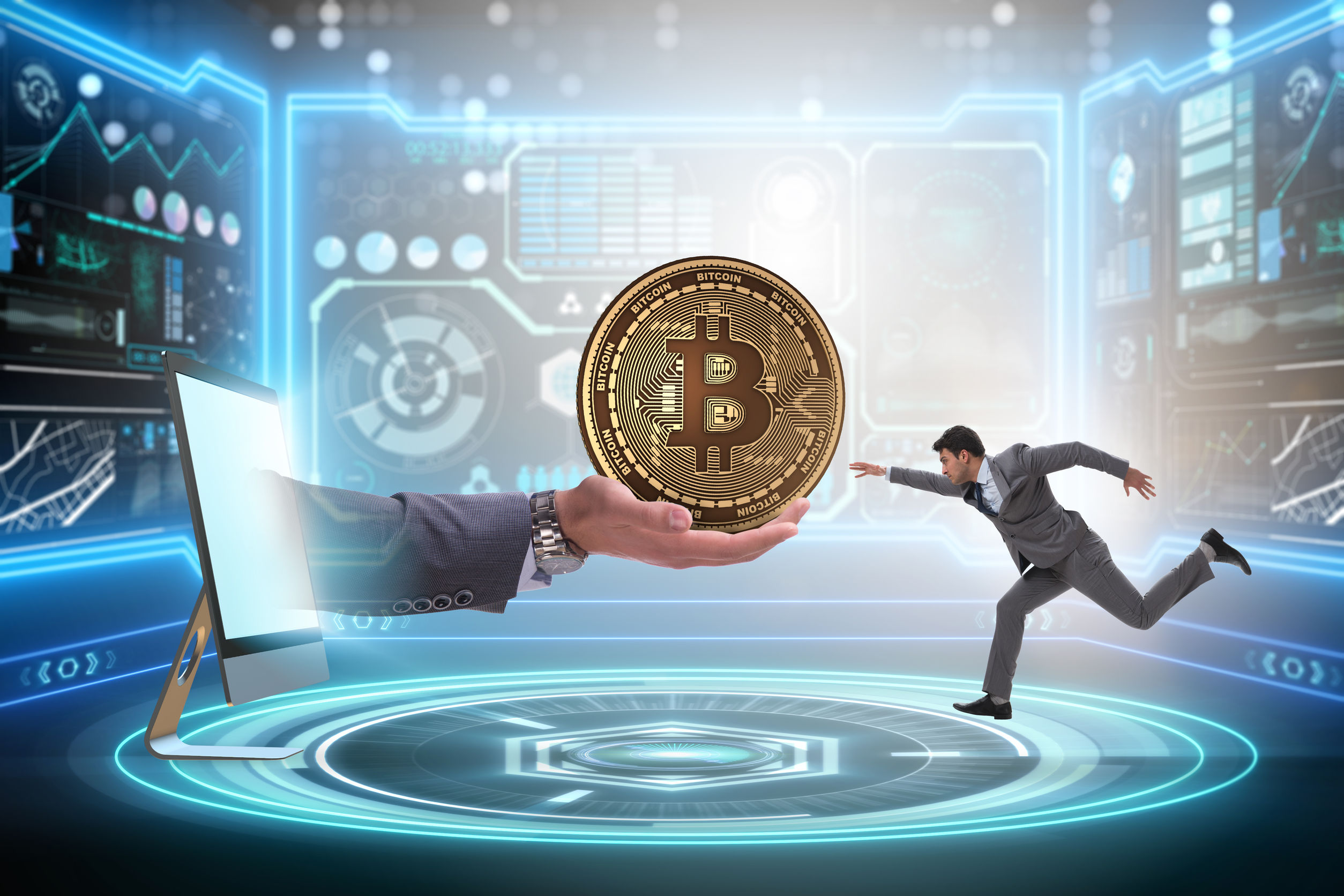 Man running towards a bitcoin being offered by another hand from a computer screen