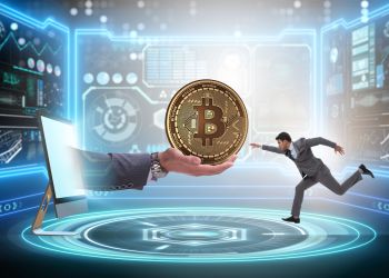 Man running towards a bitcoin being offered by another hand from a computer screen
