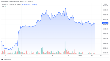 BTCUSD price chart for 02/14/2022 - TradingView