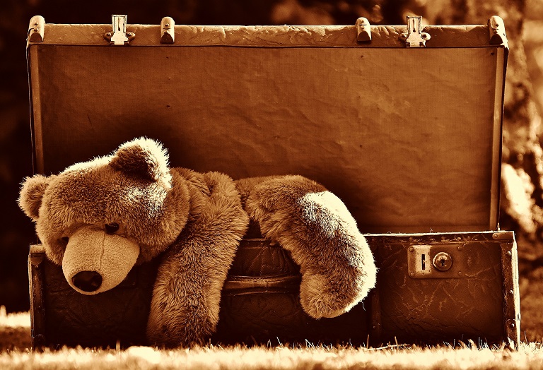 Bear market, a stuffed bear inside a wooden chest