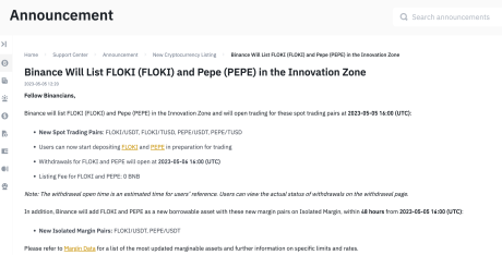 PEPE, FLOKI on Binance