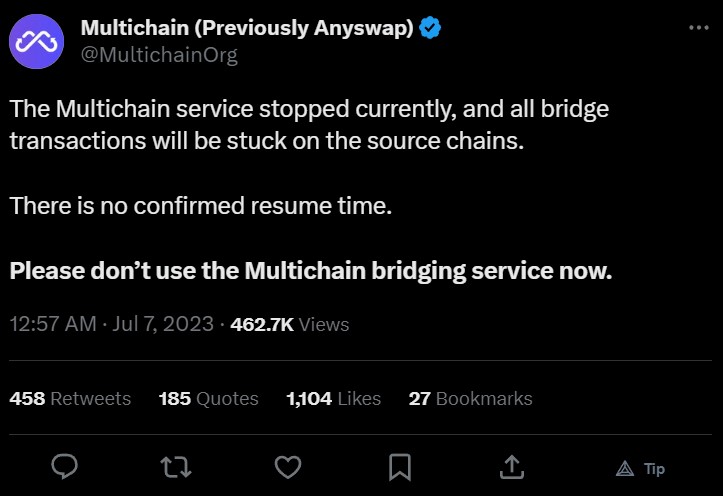 Multichain protocol’s last announcement. Source: Multichain on Twitter.