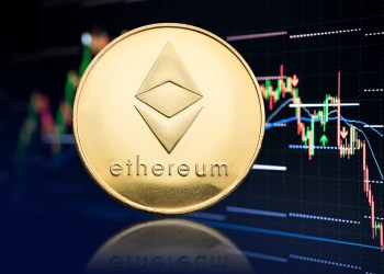 Ethereum coin and stock chart at background