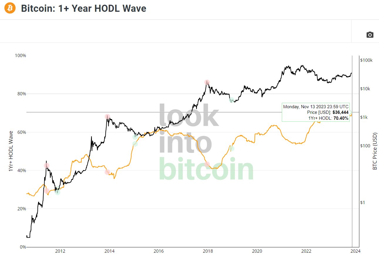 Bitcoin 1+ year HODL wave